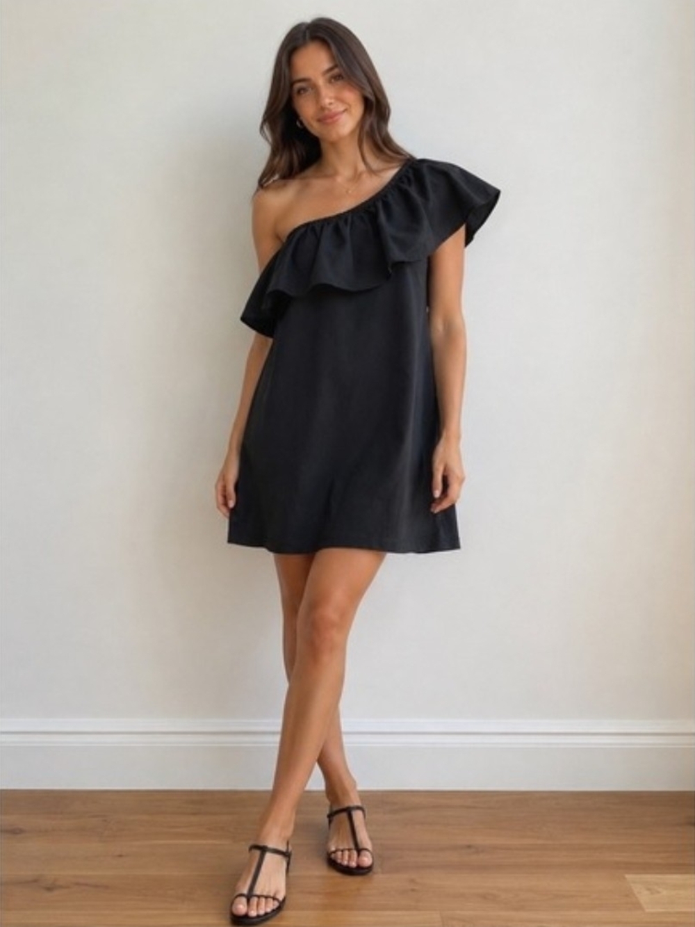 a new day One-Shoulder Black Ruffle Mini Dress